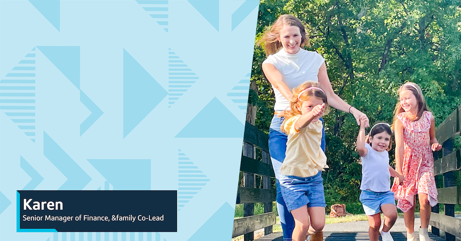 Karen, Senior Manager of Finance, &family Co-lead at Capital One, walks across a bridge with her 3 daughters, holding their hands